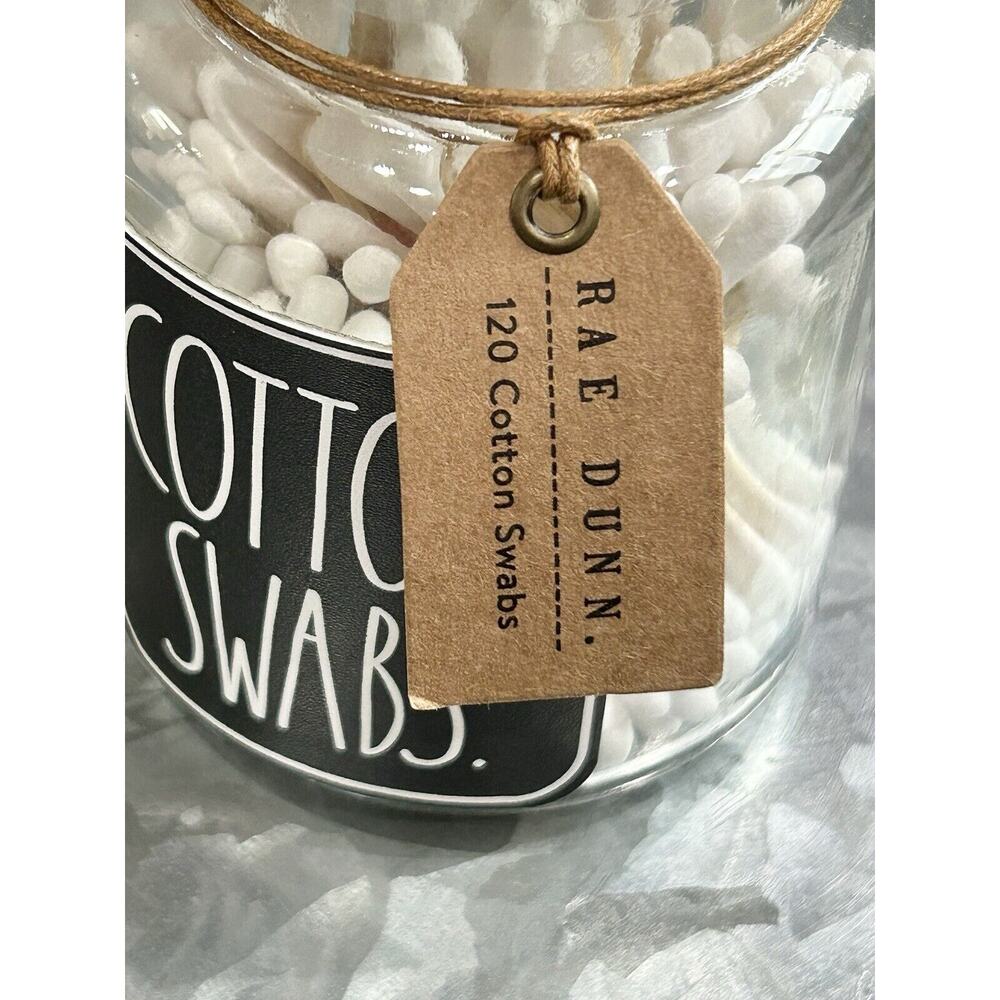 RAE DUNN Cotton Swabs Glass Jar w/ Wood Lid 120 Cotton Swabs Q-Tips Jar NEW - Picture 3 of 3